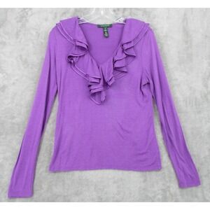 Ralph Lauren LRL Sweater Womens Medium Wool Blend Ruffle V Neck 90s Y2K Pullover